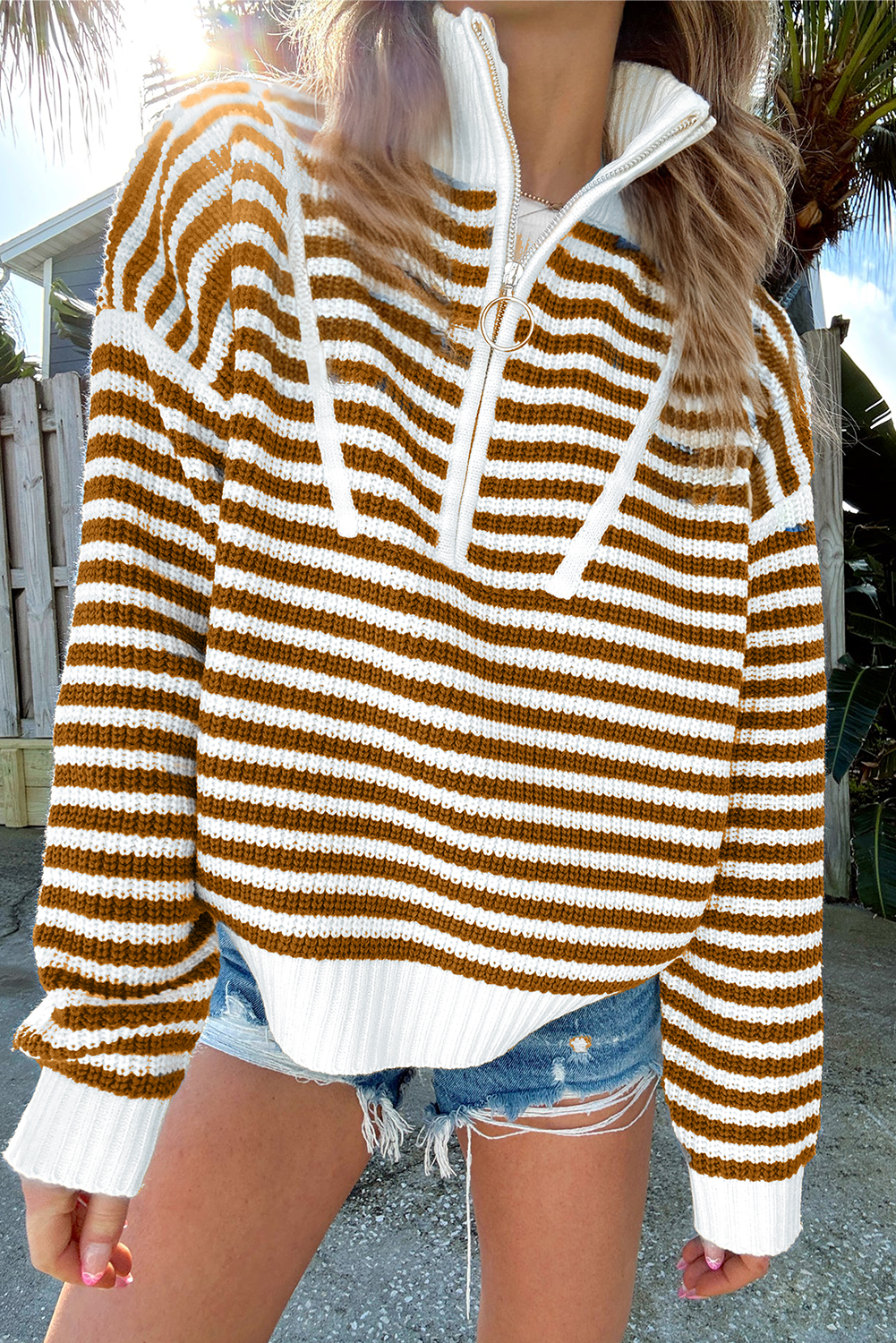 Black Stripe Zip up Collar Drop Shoulder Sweater - loveforevers