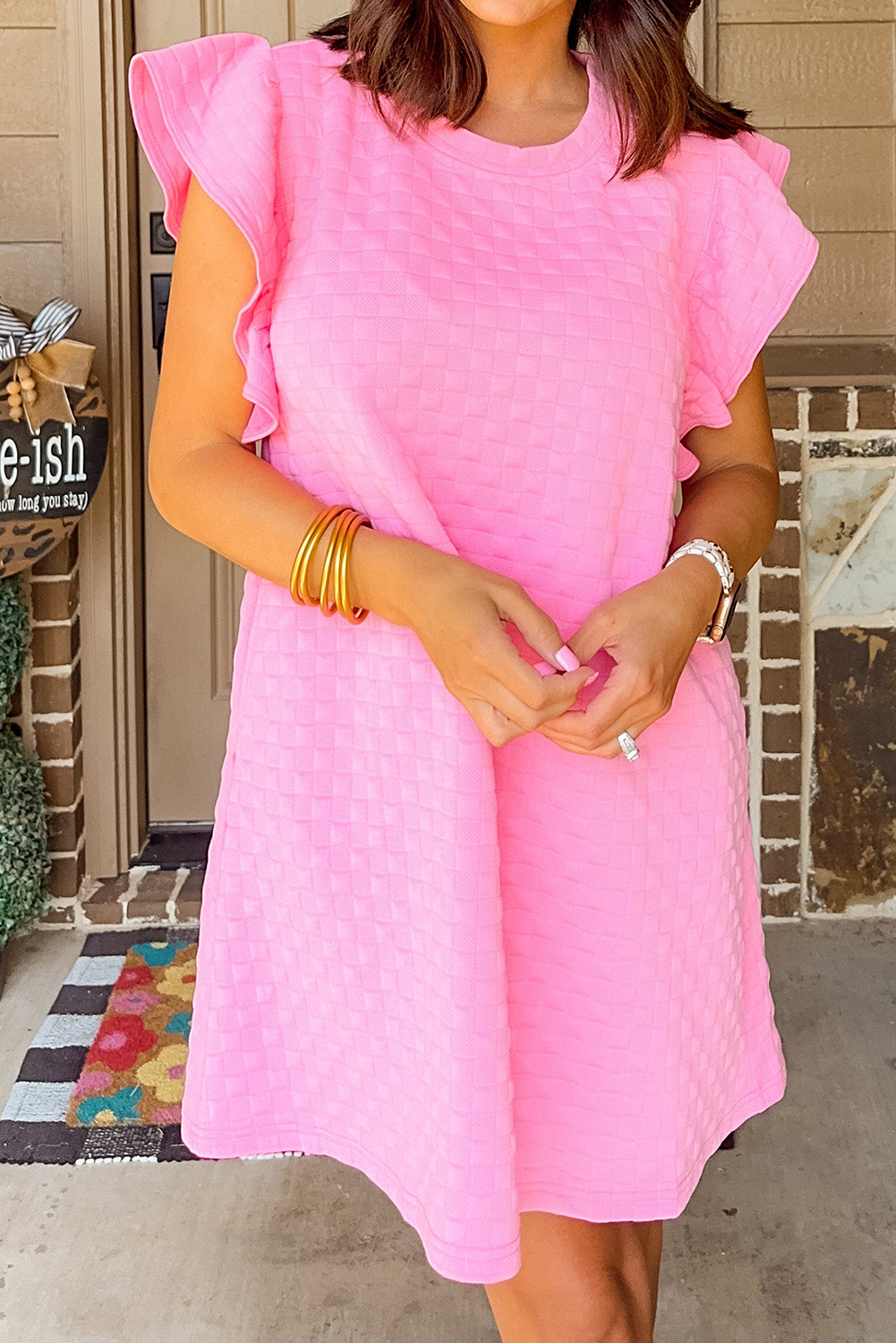 Pink Textured Ruffled Sleeve Shift Summer Dress with Pockets - loveforevers