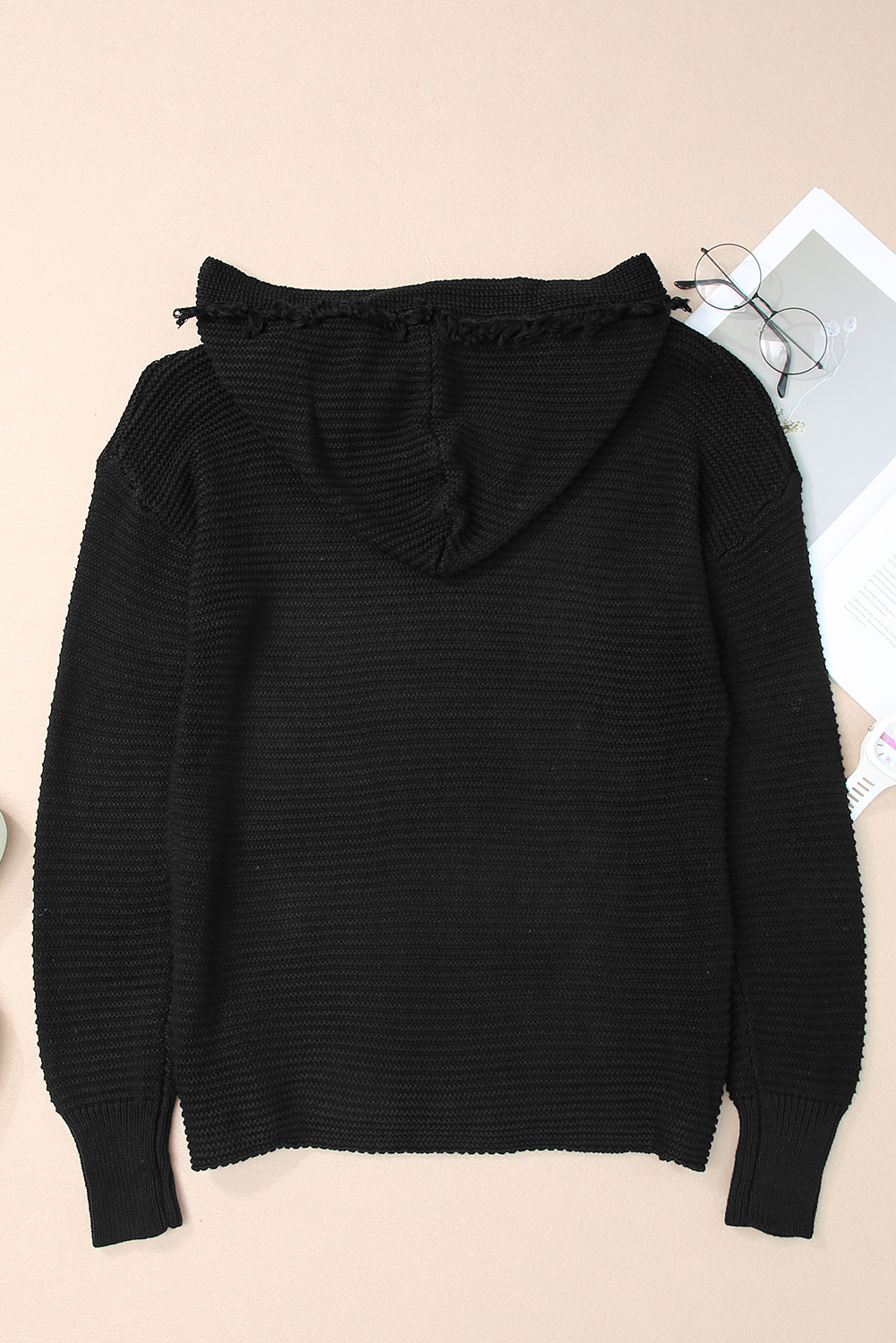 V Neck Ribbed Drop Shoulder Hooded Sweater - loveforevers