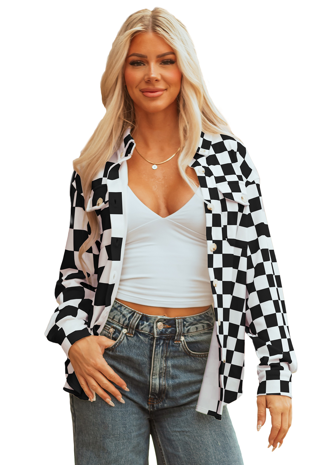Khaki Checkerboard Flap Pocket Button Front Shacket - loveforevers