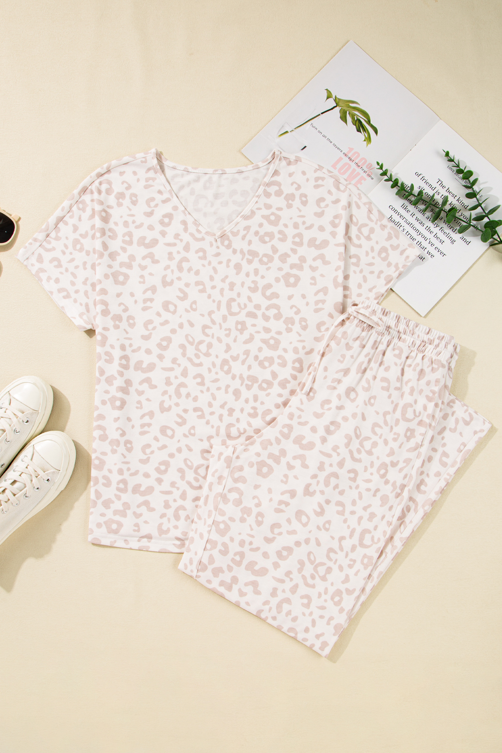 Beige Cheetah V Neck Tee and Pants Lounge Set - loveforevers
