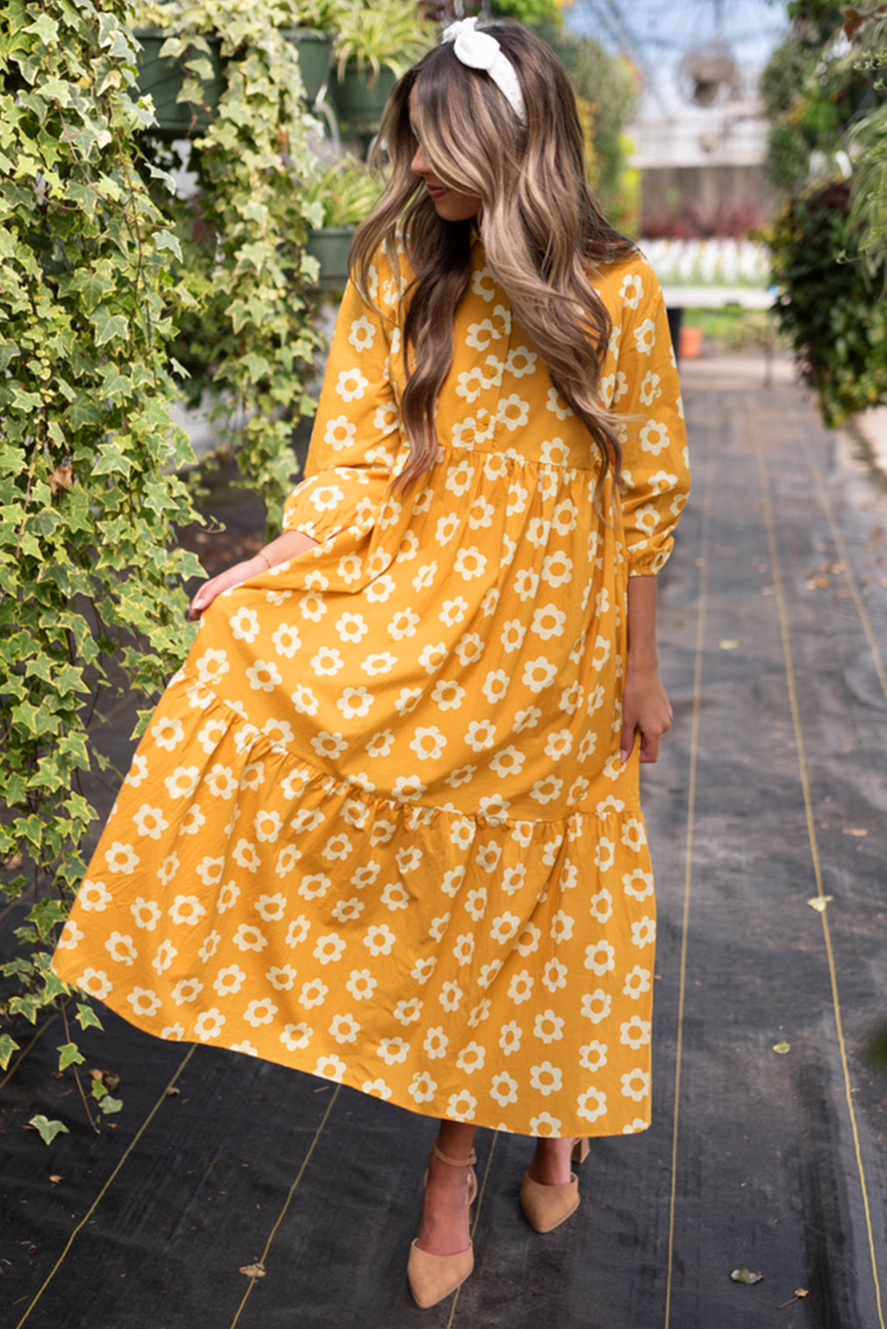 Yellow Flower Print Bracelet Sleeve Buttons Collared Maxi Dress - loveforevers