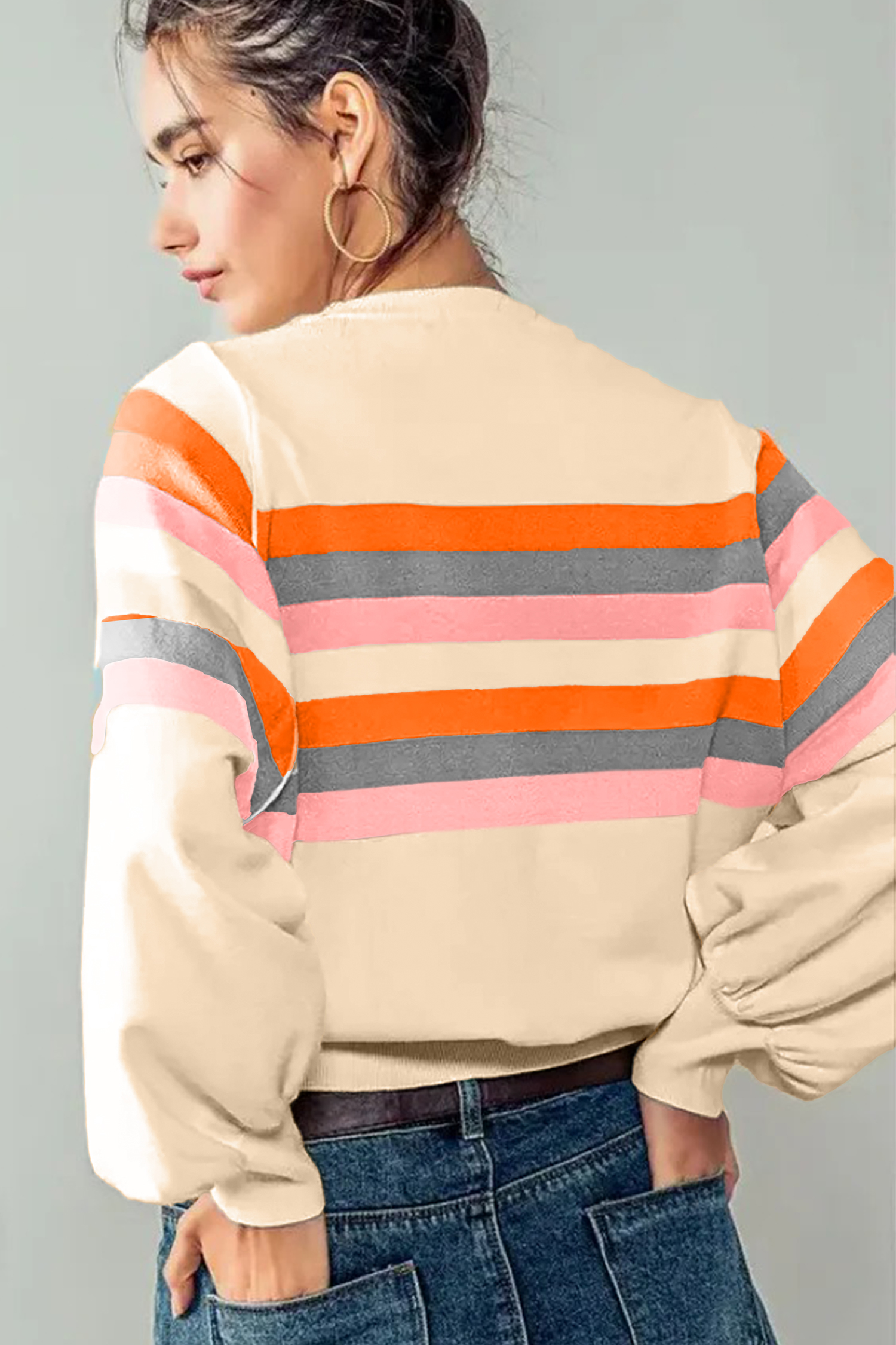 Beige Stripe Puff Sleeve Casual Pullover Sweatshirt - loveforevers
