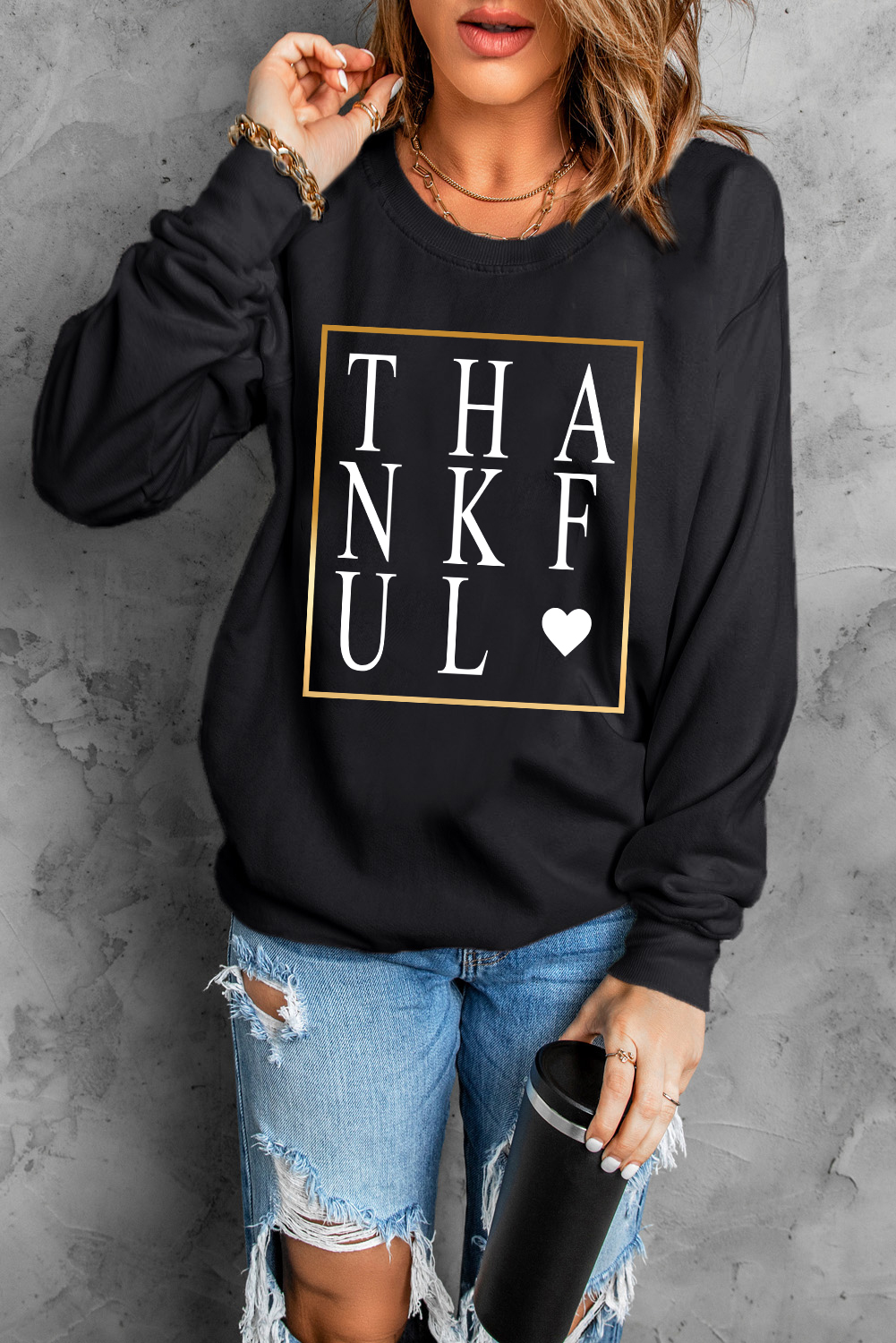 Black THANKFUL Heart Print Long Sleeve Sweatshirt - loveforevers