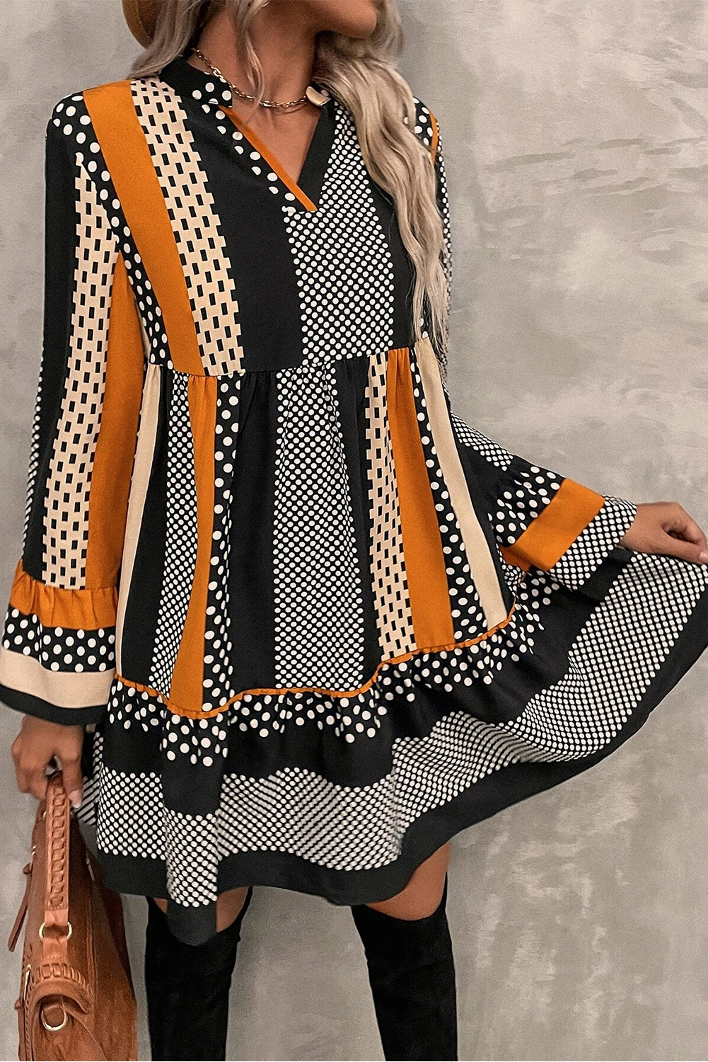 Black Striped Polka Dot Print Ruffled Hem V Neck Mini Dress - loveforevers