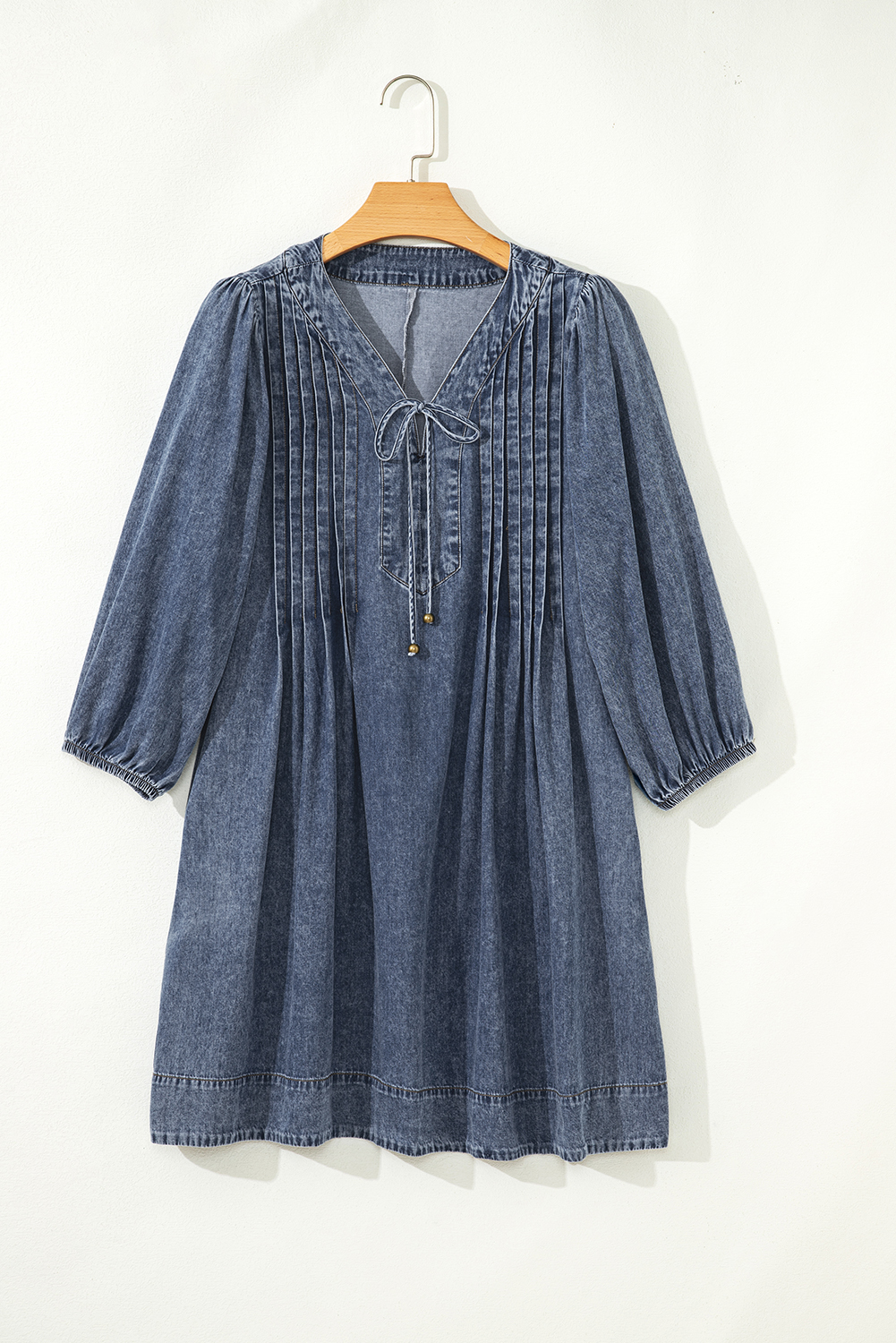 Sail Blue 3/4 Sleeve Tied V Neck Pleated Denim Mini Dress - loveforevers