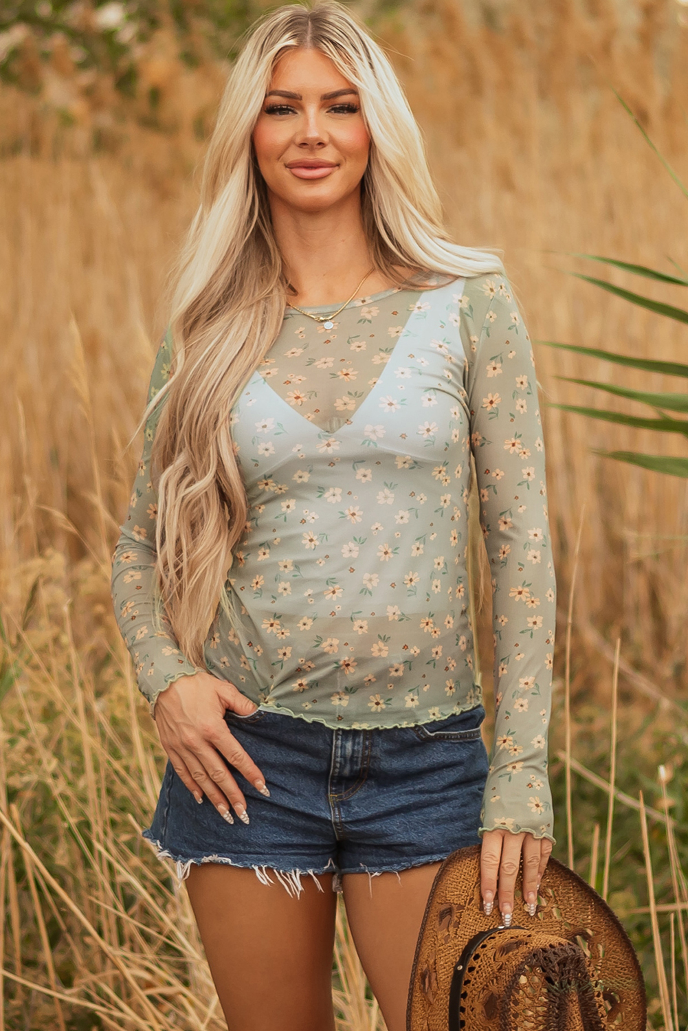 Laurel Green Vintage Floral Print Southern Style Mesh Long Sleeve Top - loveforevers