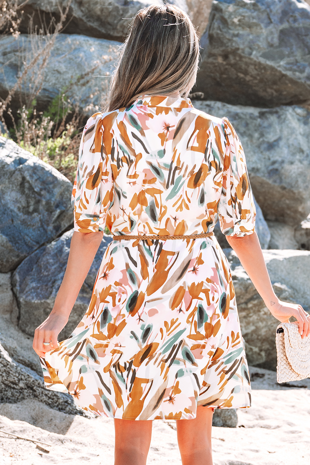 Brown Abstract Printed Puff Sleeve Button Up Braided Belt Mini Dress - loveforevers