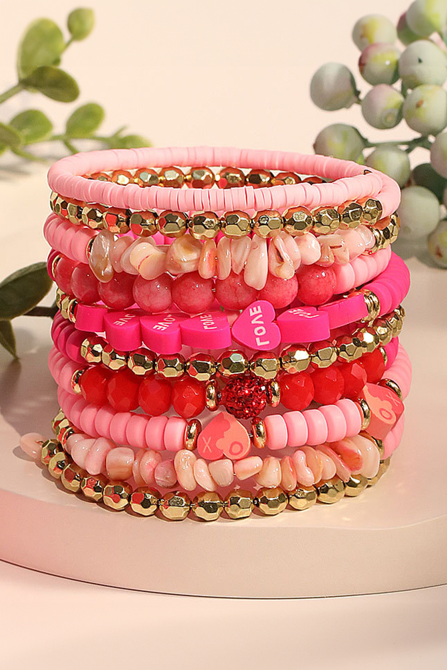 Rose Red 10pcs Polymer Clay Crystal Bead Valentines Heart Multilayer Bracelet Set - loveforevers