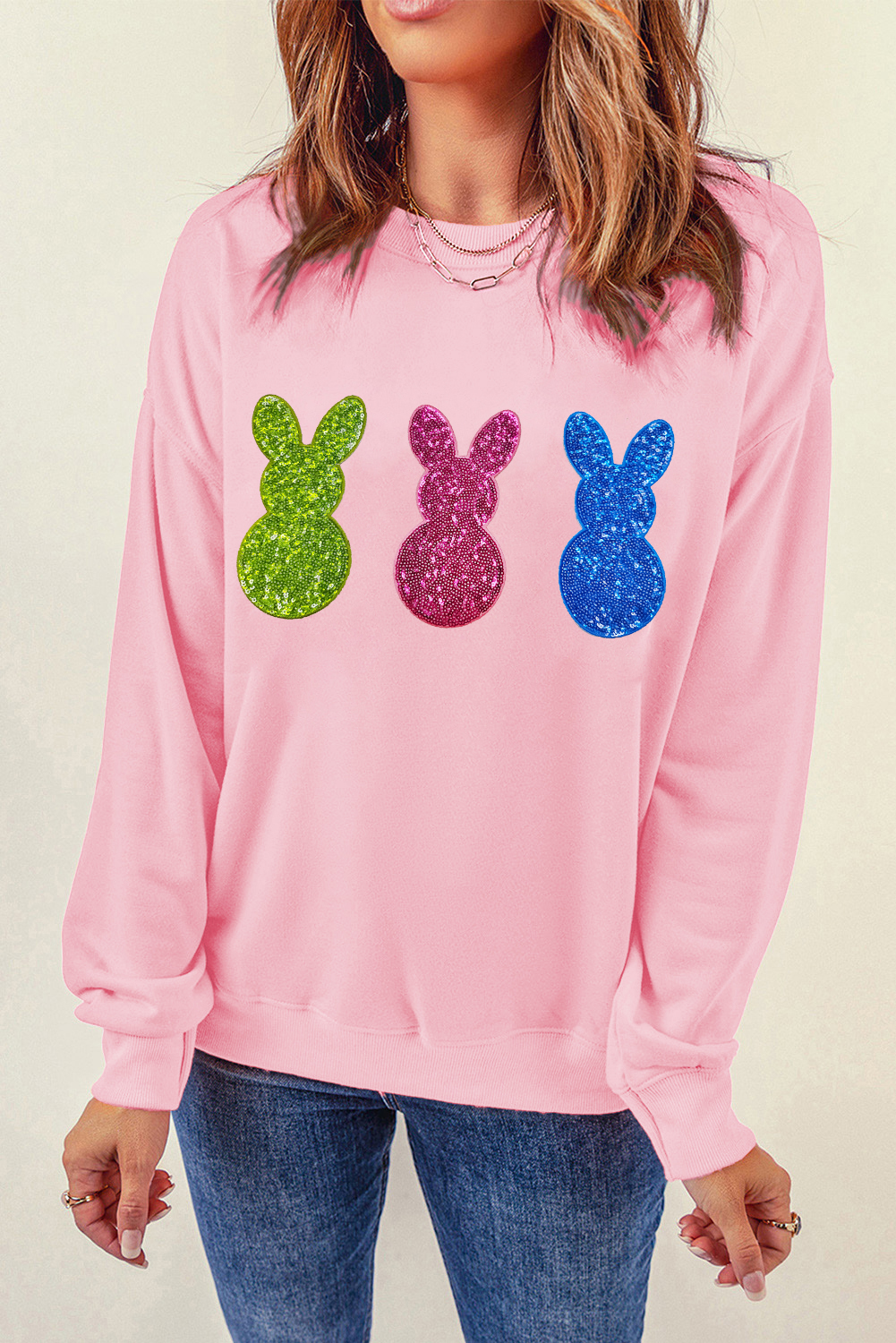 Pink Easter Bunny Patched Drop Shoulder Sweatshirt - loveforevers