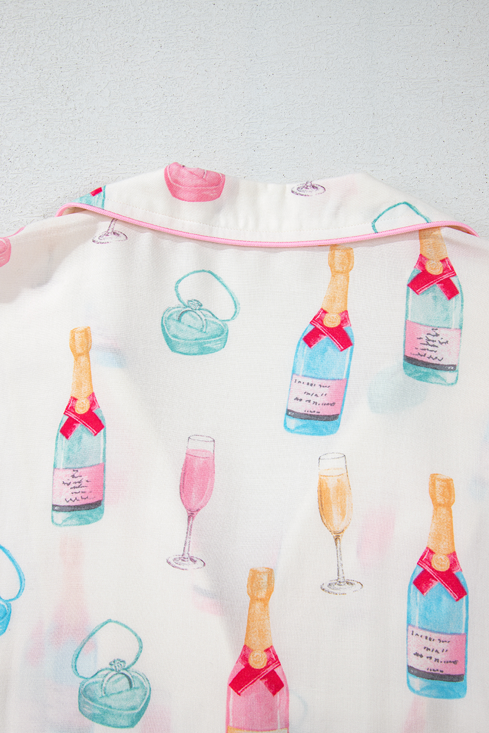 White Christmas Wine Glass Print Bow Knot Two Piece Pajama Set - loveforevers