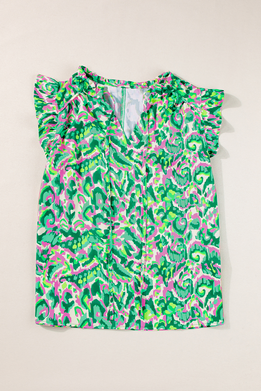 Green Abstract Print Ruffled Trim Tied Split Neck Tank Top - loveforevers