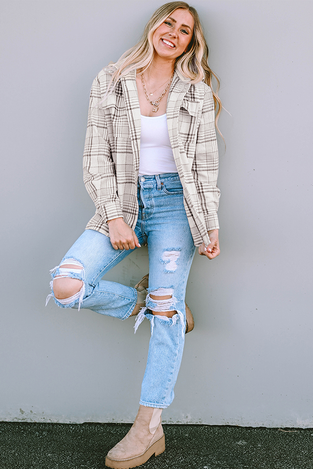 Khaki Plaid Removable Hood Buttoned Shacket - loveforevers
