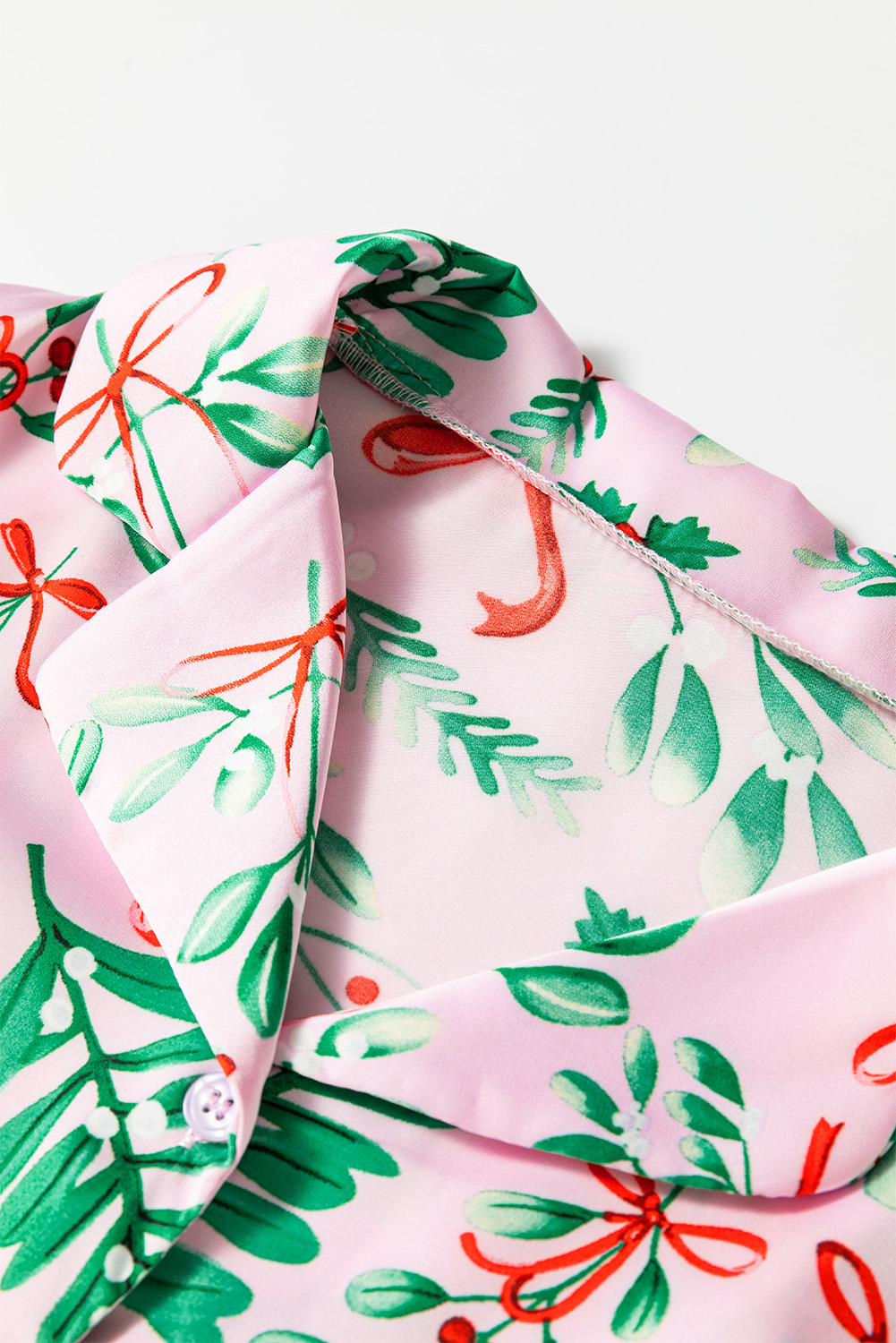 Pink Christmas Berries Plant Print Satin Long Sleeve Pajama Set - loveforevers
