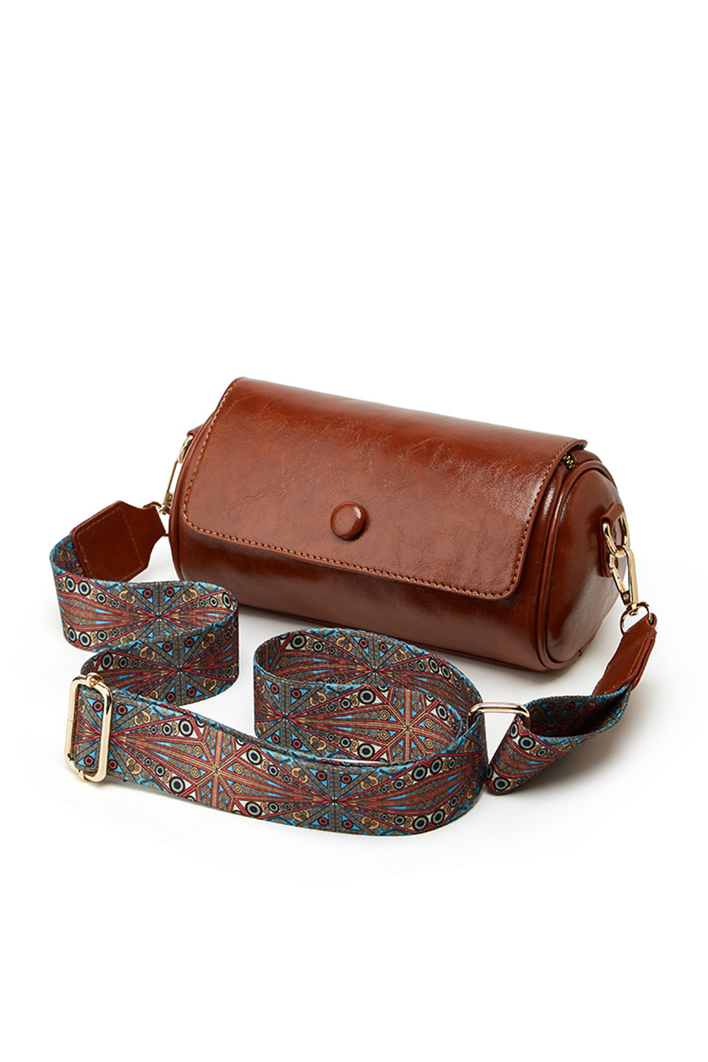 Chestnut PU Leather Flap Shoulder Bag with Retro Print Wide Strap - loveforevers