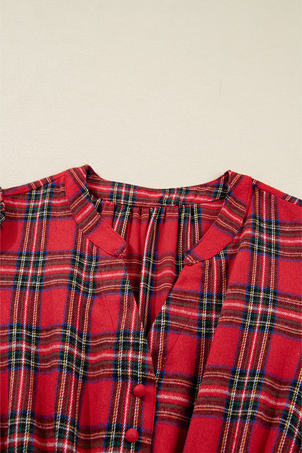 Red Christmas Plaid V Neck 3/4 Sleeve Tie Waist Ruffle Hem Long Dress - loveforevers