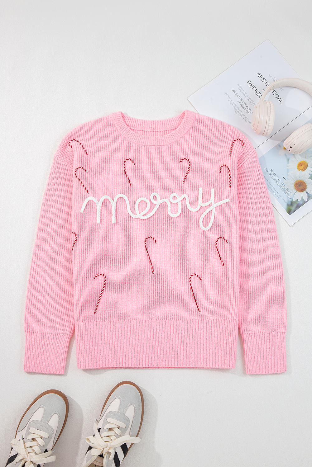 Pink Merry Candy Cane Puffy Knit Crew Neck Sweater - loveforevers