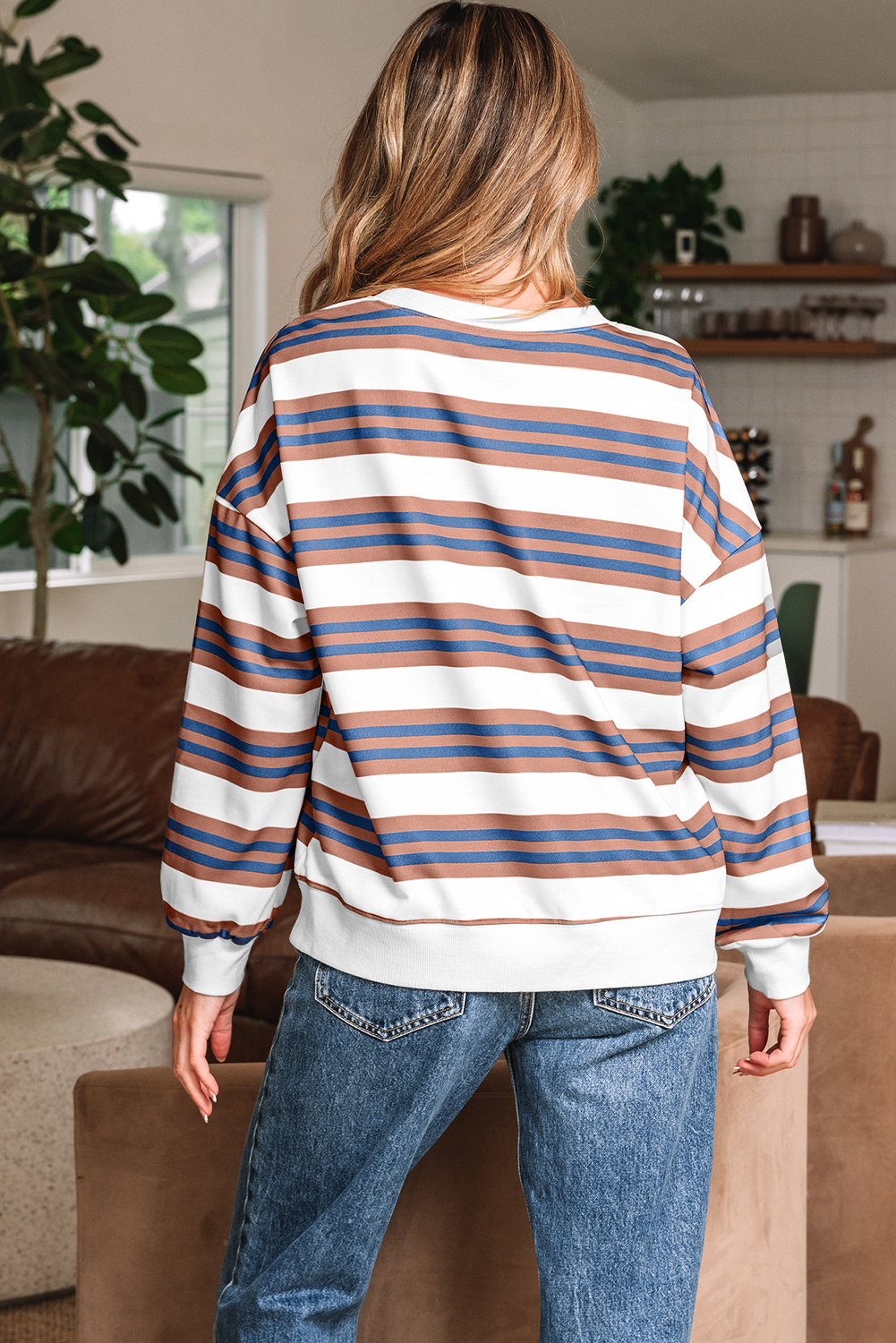 Khaki Stripe Crew Neck Drop Shoulder Pullover Sweatshirt - loveforevers