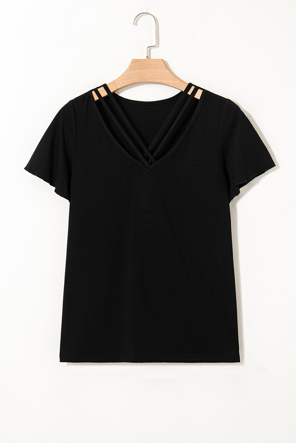 Black Crisscross V Neck Butterfly Sleeve T Shirt - loveforevers