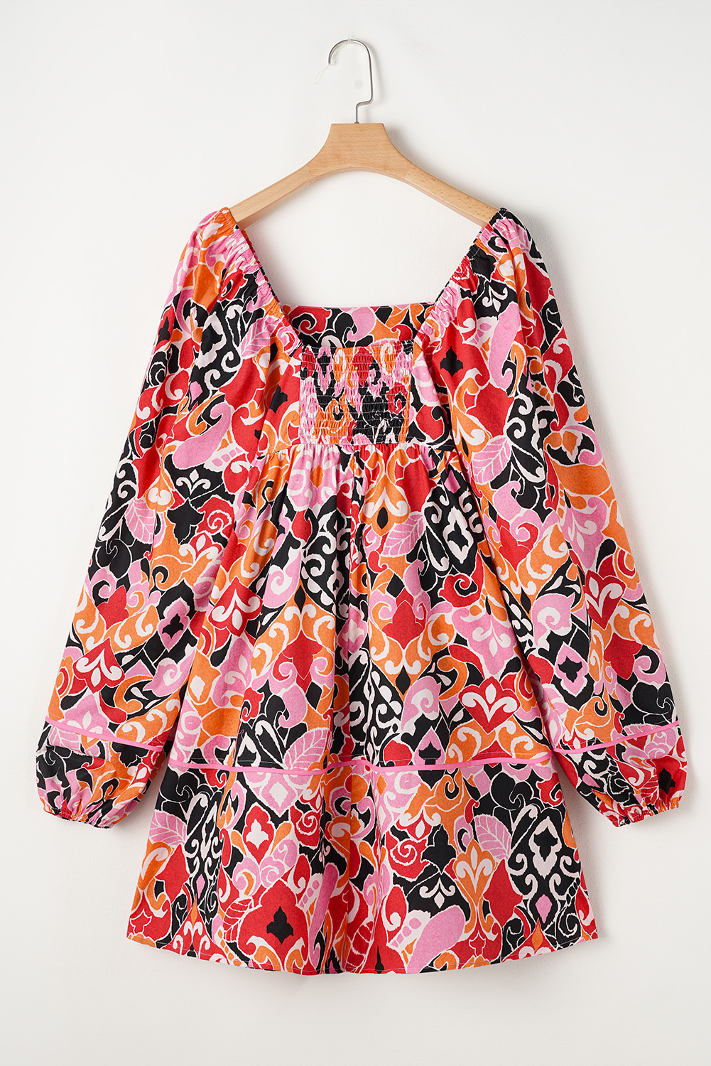 Pink Bohemian Square Neck Puff Sleeve Mini Dress - loveforevers