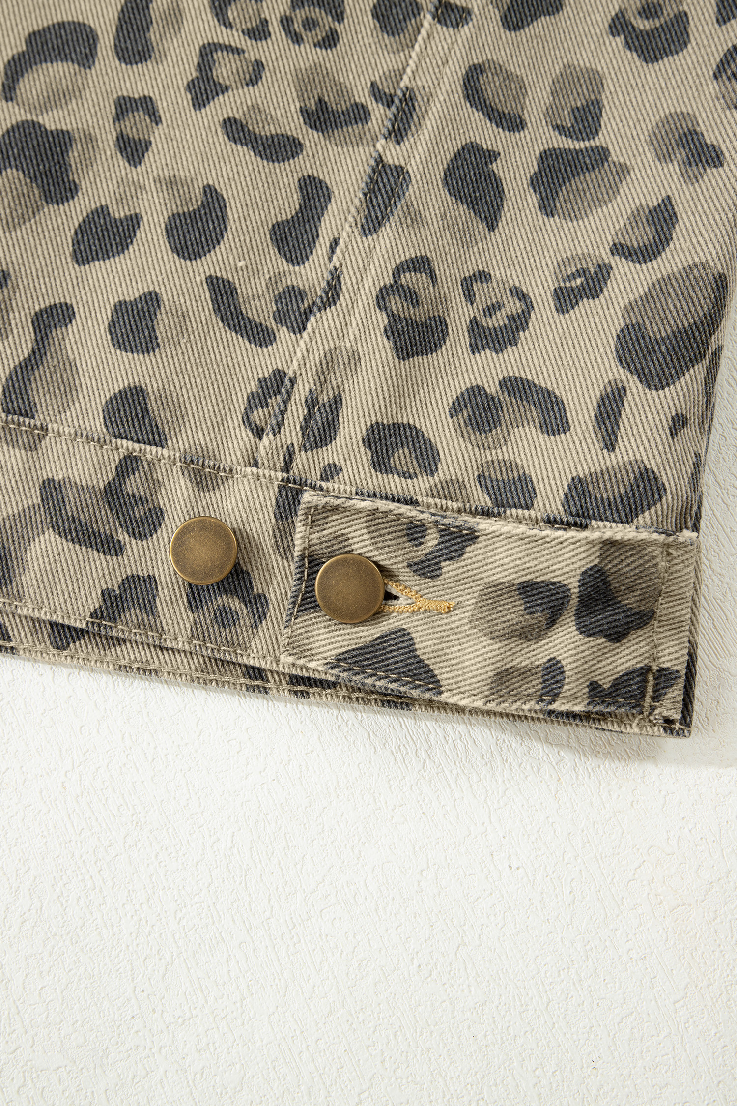 Khaki Retro Leopard Print Seam Detail Button Down Denim Jacket - loveforevers