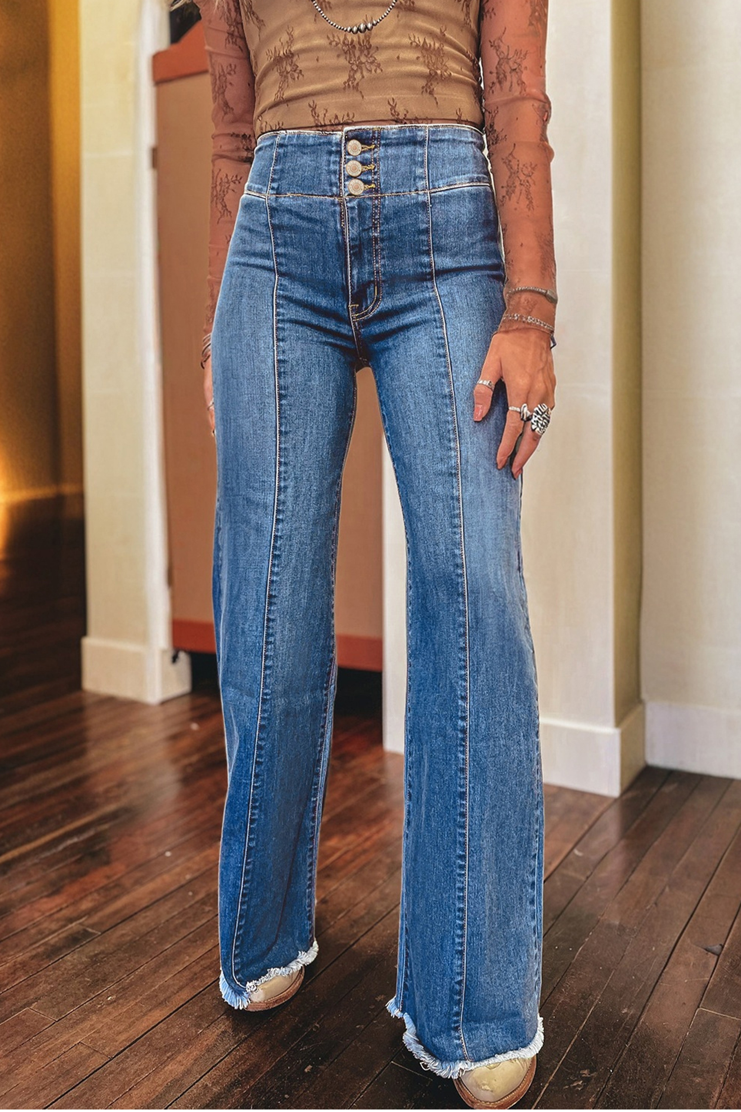 Coffee High Waist Button Fly Seamed Raw Hem Flare Jeans - loveforevers
