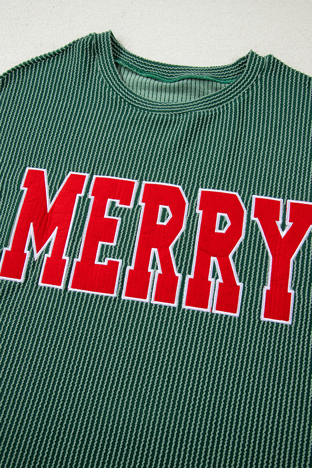 Evergreen Twisted Rib Outlined Merry Letter Graphic Loose Long Sleeve Top - loveforevers
