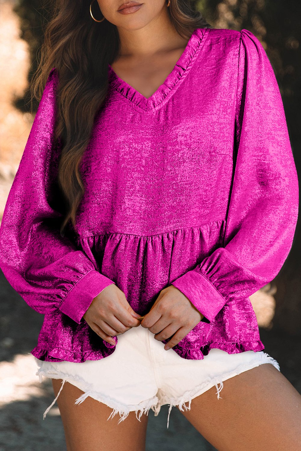 Dearlovers Gold Metallic Frilled V Neck Puff Sleeve Babydoll Blouse - loveforevers