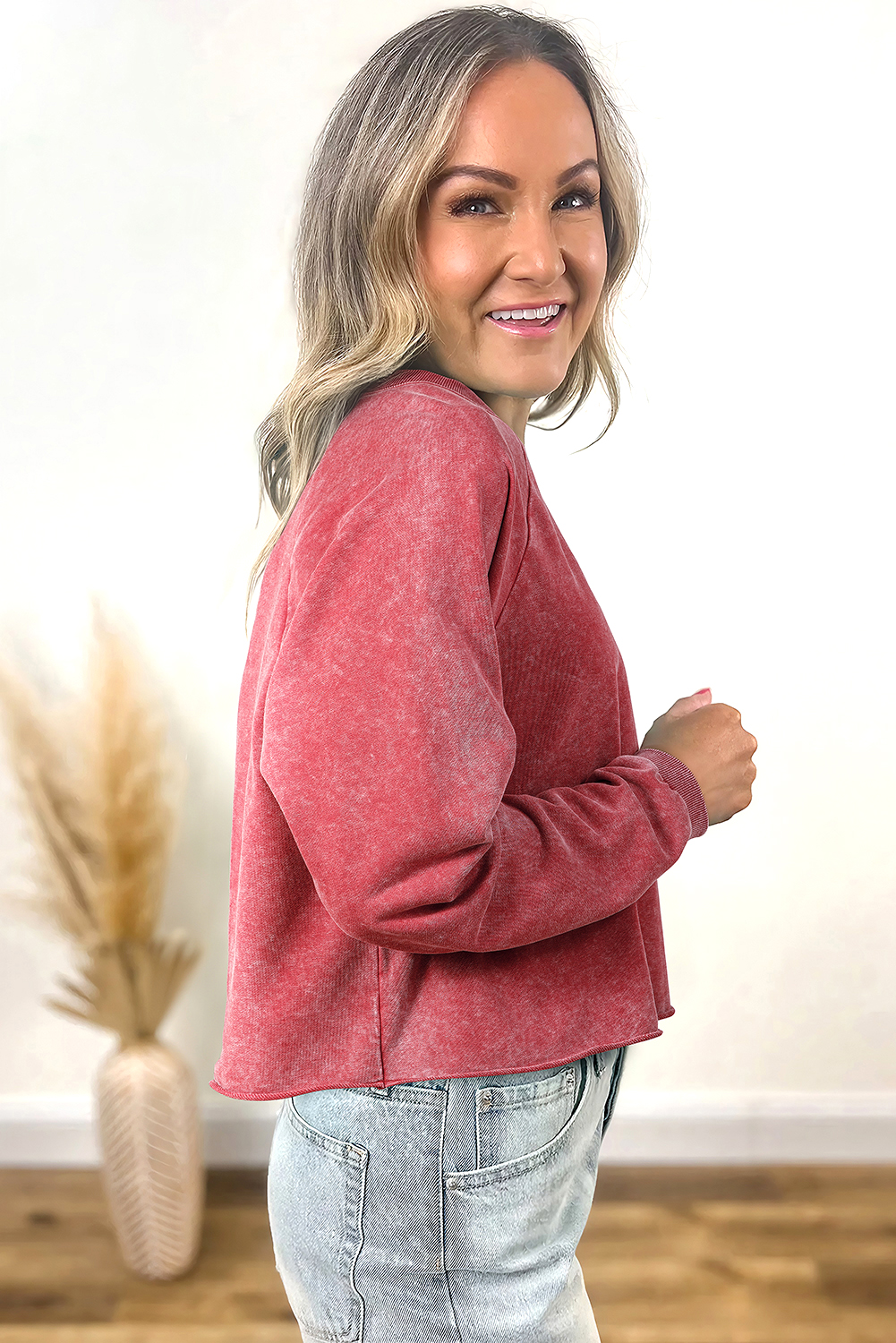 Racing Red Mineral Wash Raglan Sleeve Raw Hem Crop Sweatshirt - loveforevers