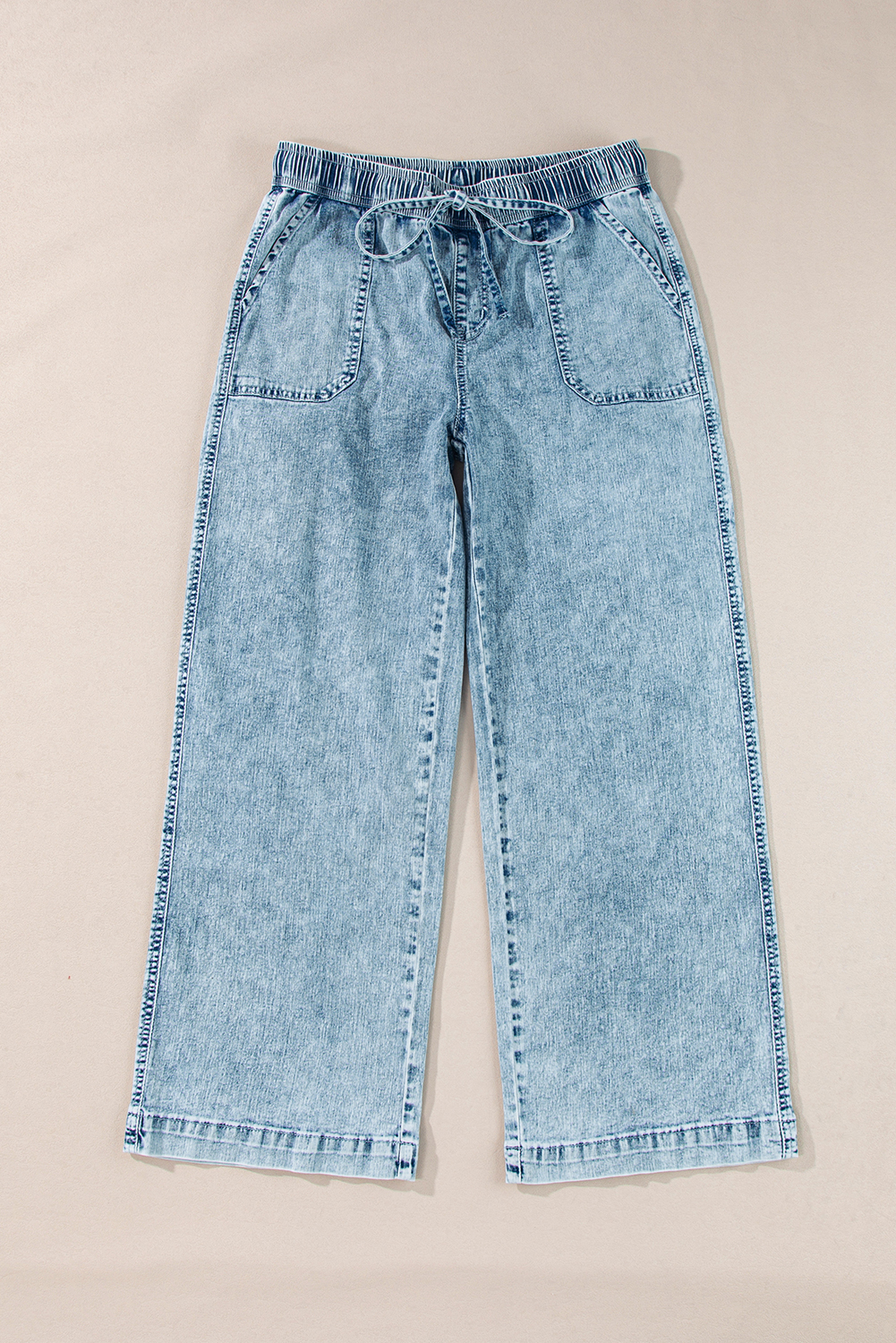 Myosotis Mineral Wash Drawstring Elastic Waistband Loose Straight Denim Pants - loveforevers
