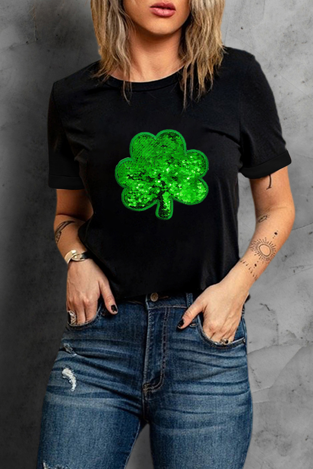 Black St. Patricks Lucky Clover Print O Neck T Shirt - loveforevers