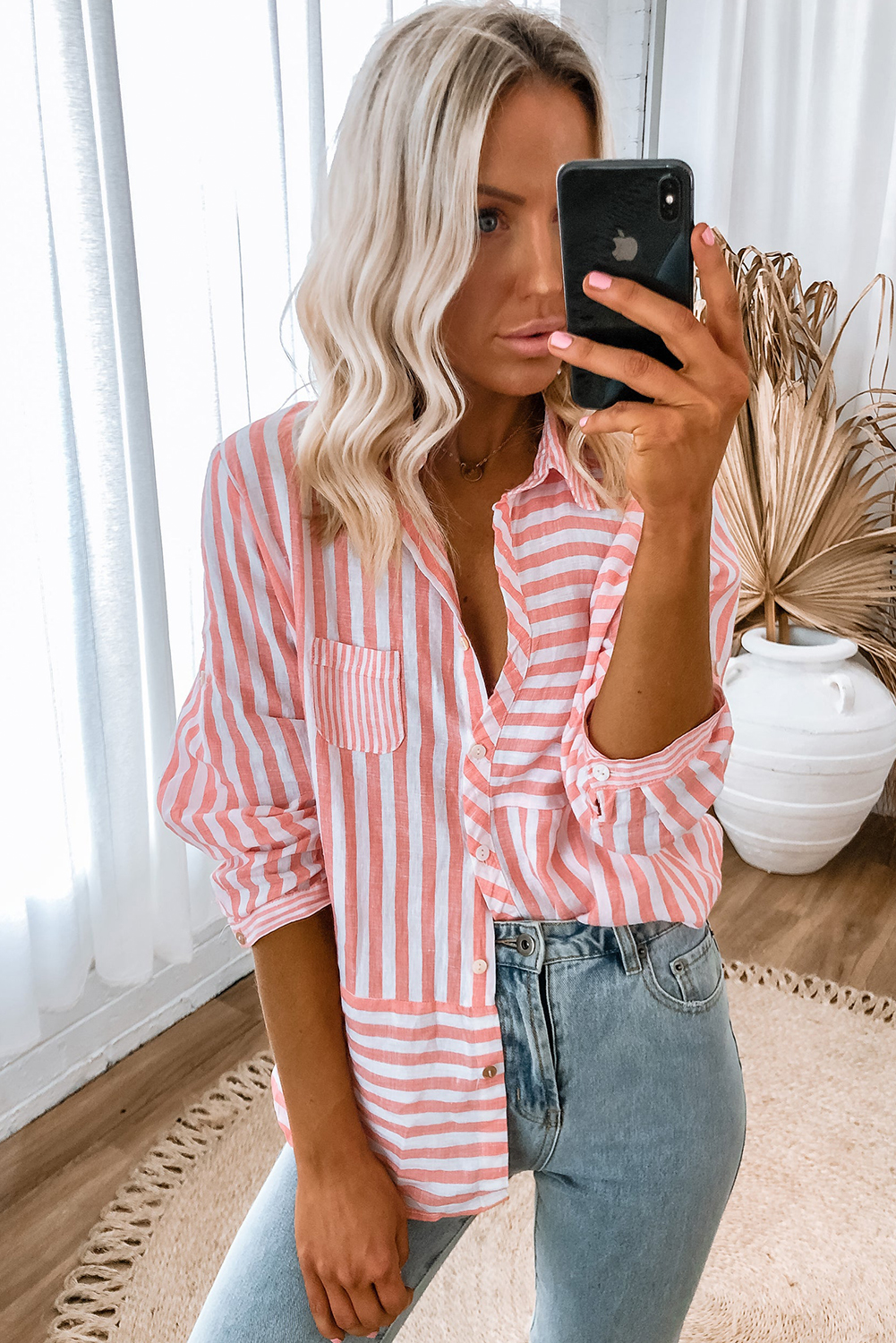 Pink Stripe Buttoned Long Sleeve Casual Shirt - loveforevers