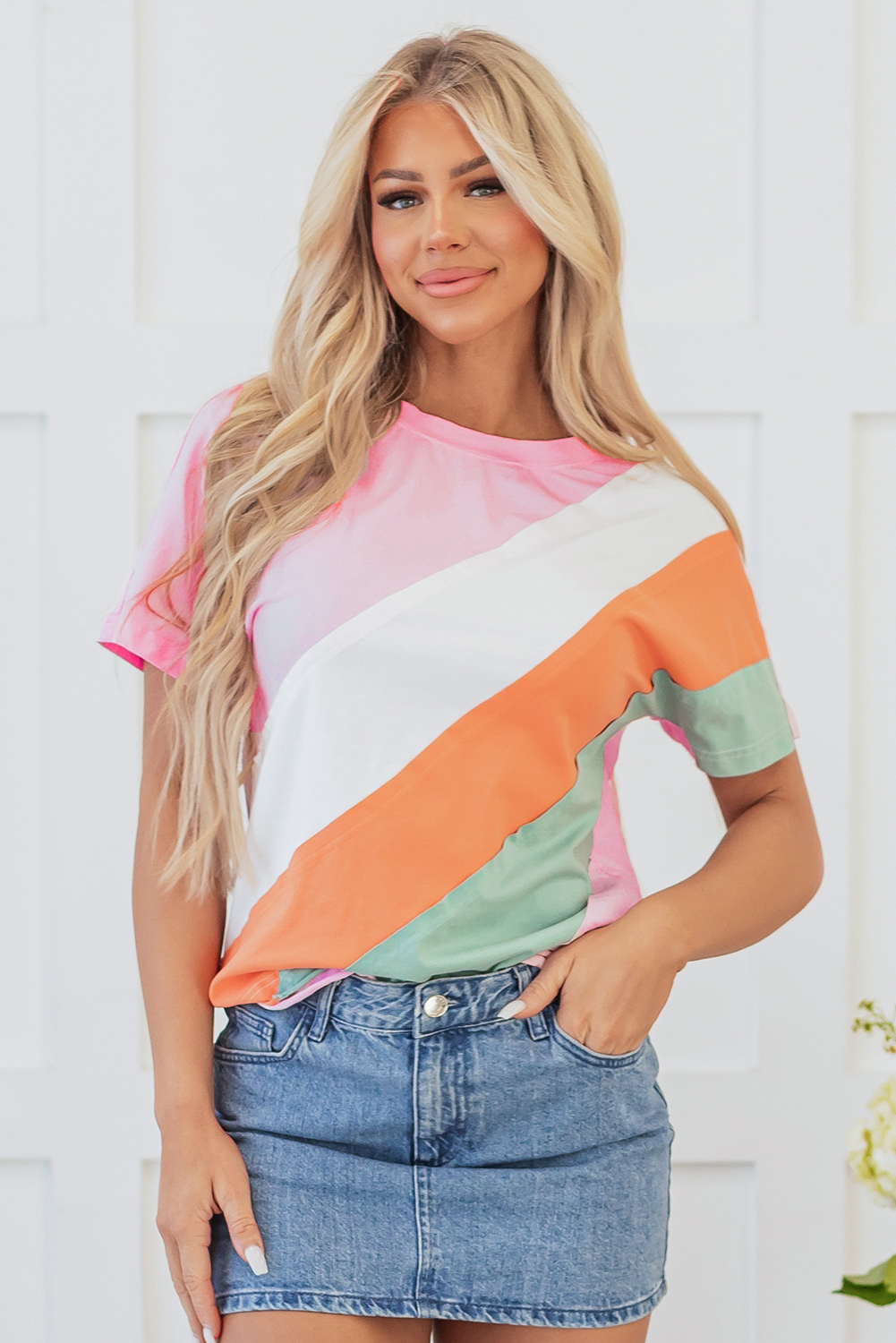 Pink Color Block Patchwork Seamed Crewneck T Shirt - loveforevers