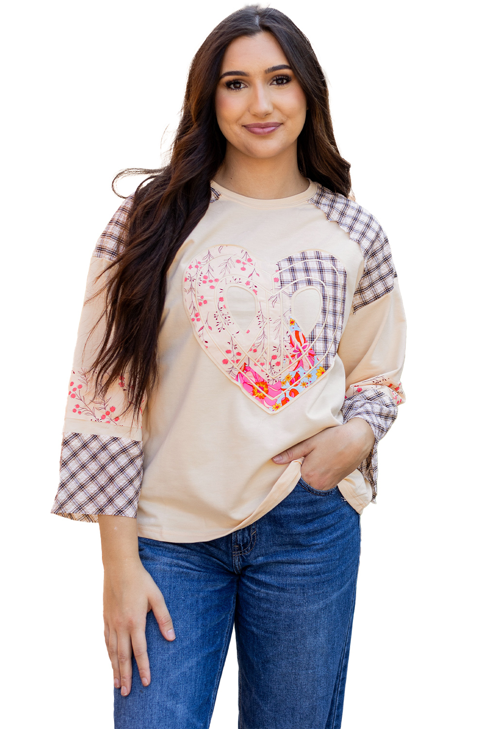 Beige Flower Patch Graphic Exposed Seam Wide Sleeve Top - loveforevers