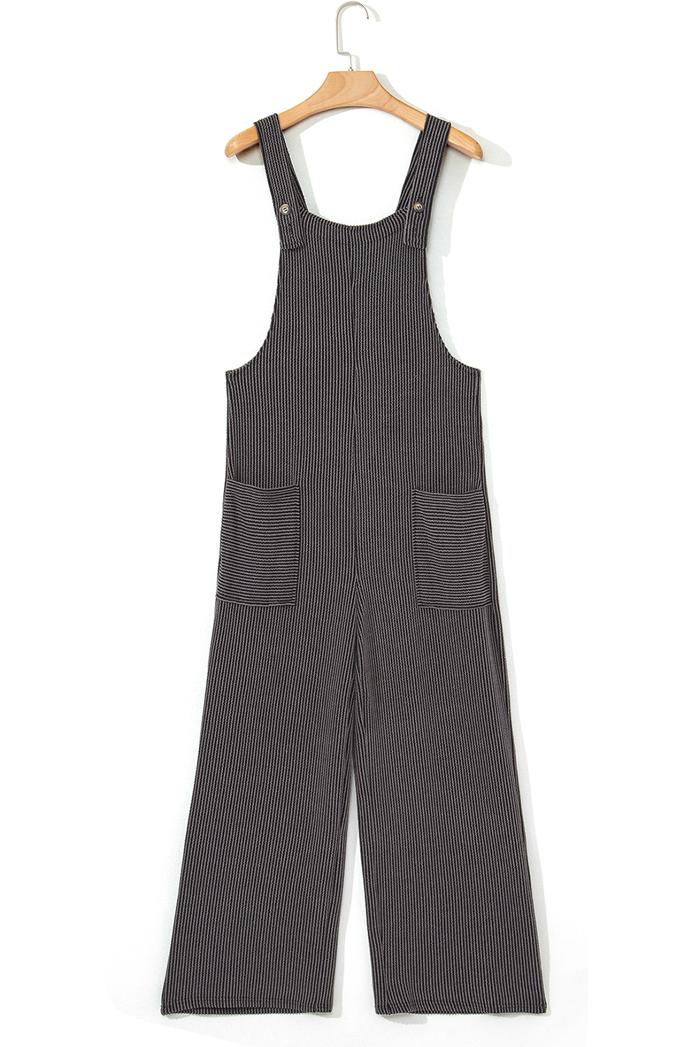 Dark Grey Ribbed Knit Patched Pocket Wide Leg Overalls - loveforevers