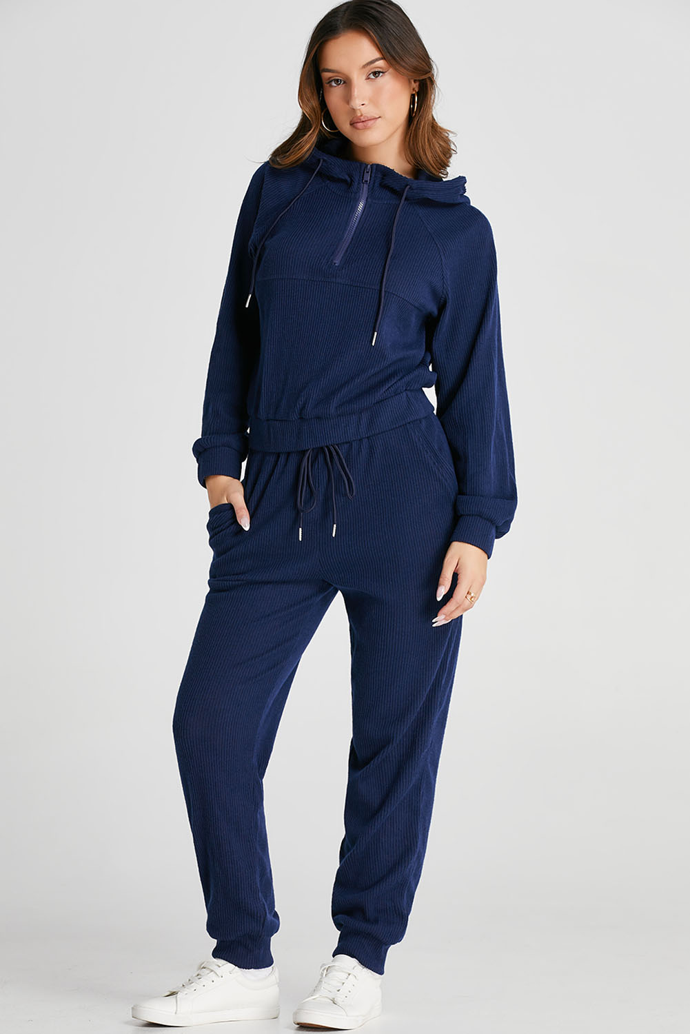 Navy Blue Ribbed Knit Cropped Hoodie and Drawstring Joggers Set - loveforevers