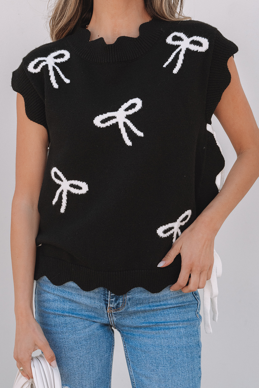 Black Bow Print Side Ties Scalloped Hem Sweater T Shirt - loveforevers