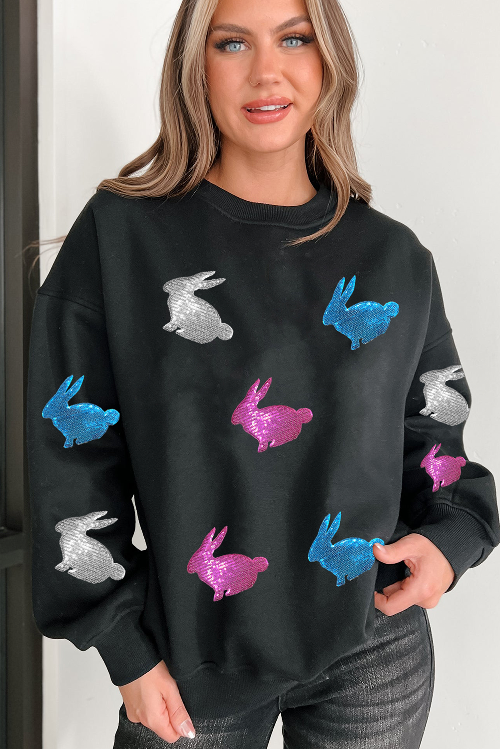 Black Easter Bunny Sequin Patched Drop Shoulder Sweatshirt - loveforevers