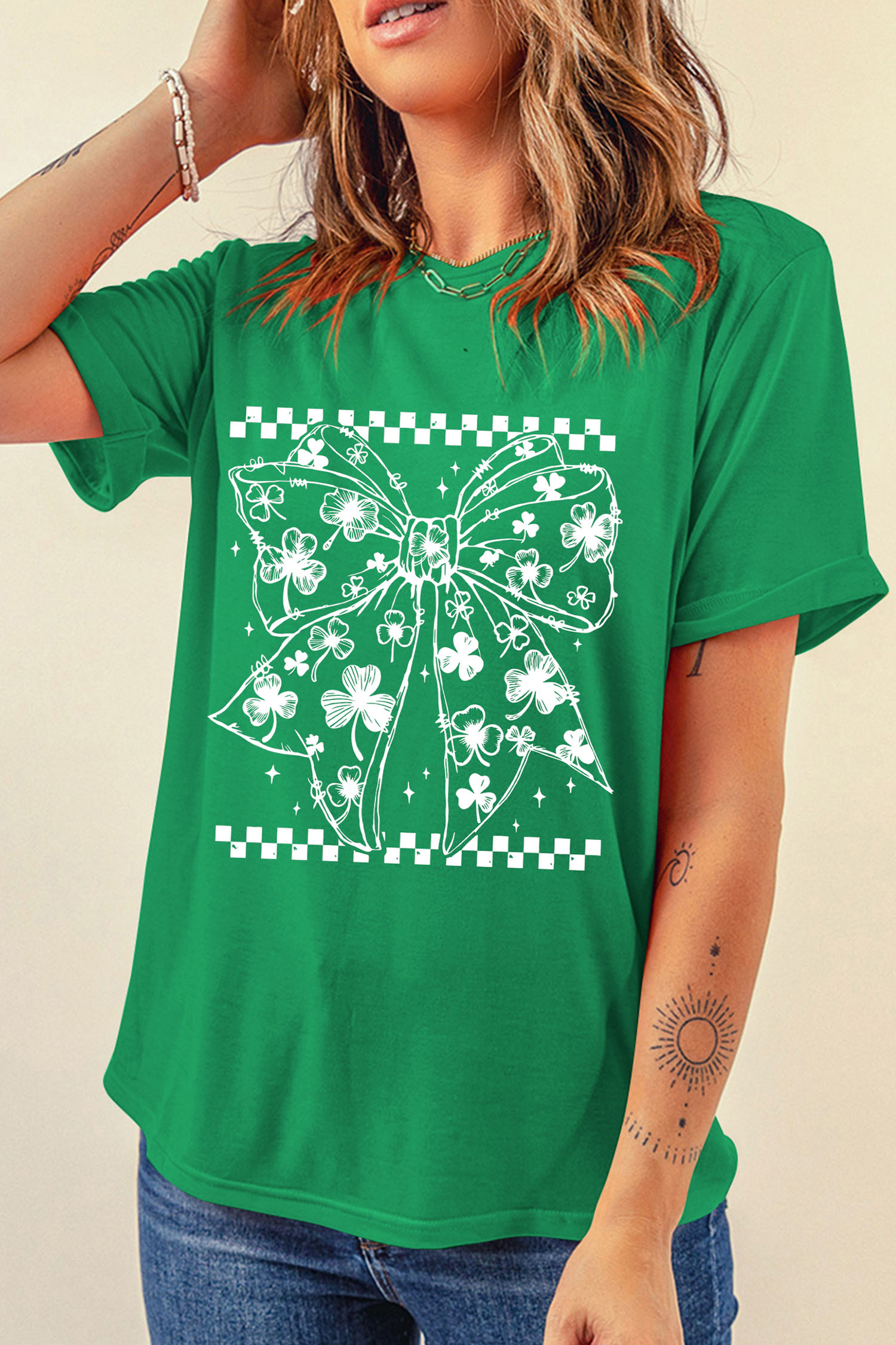 Bright Green Cute Clover Bow Checkered Detail Casual T Shirt - loveforevers