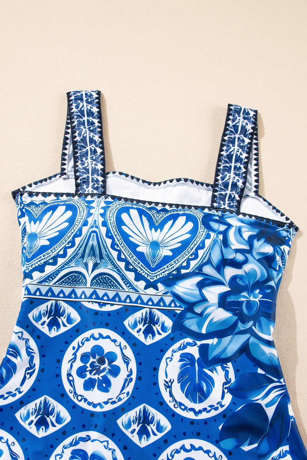 Blue Tile Pattern Ricrac Wide Straps Sheath One Piece Swimsuit - loveforevers