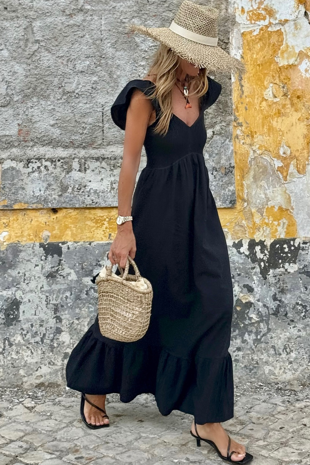 Black V Neck Flutter Sleeve Smocked Bodice High Waist Ruffle Maxi Dress - loveforevers