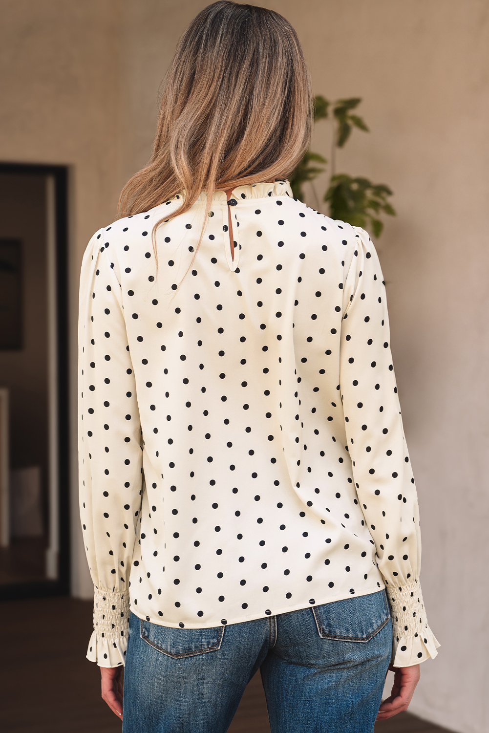 Apricot Polka Dot Print Frilled Collar Lantern Sleeve Blouse - loveforevers