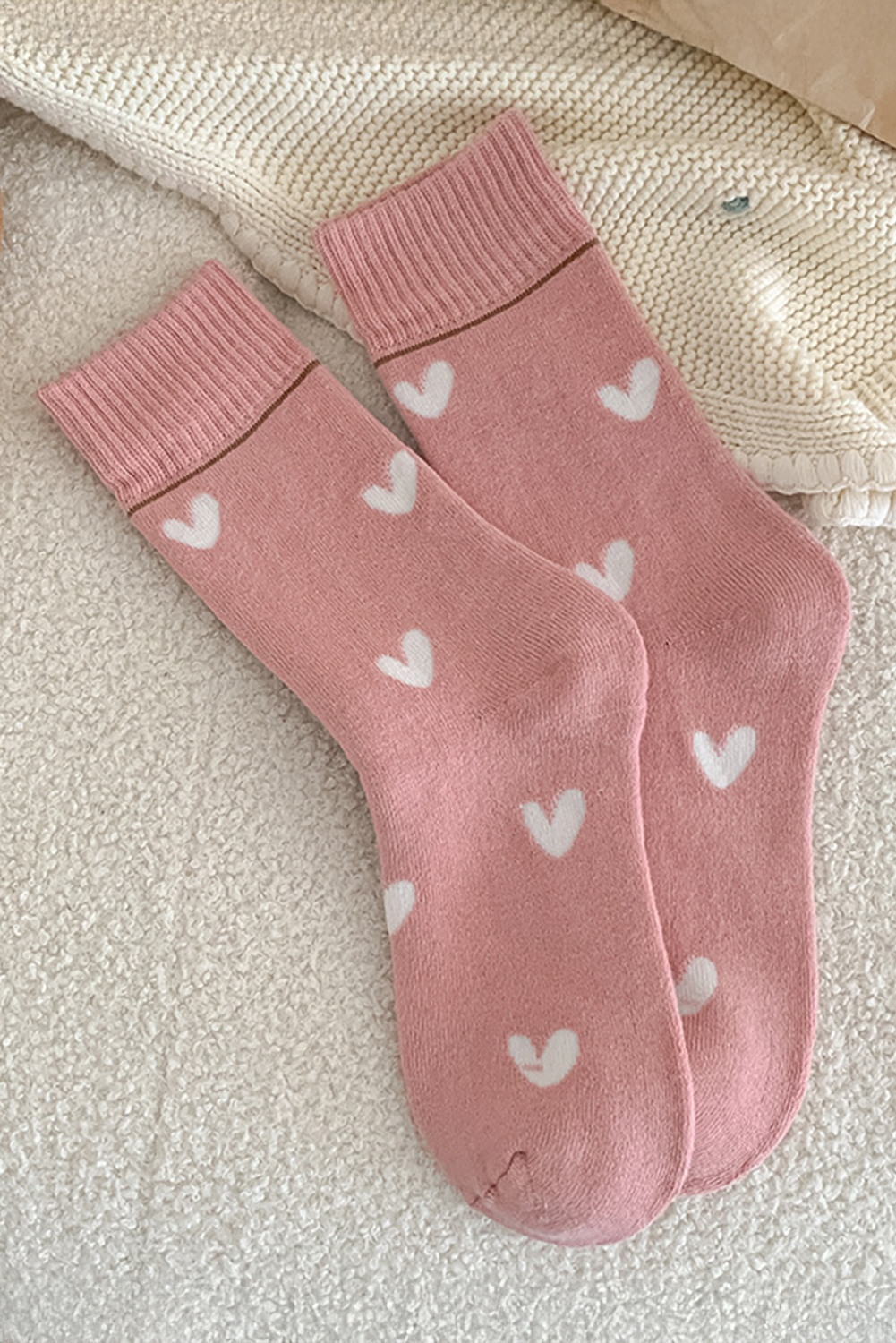 Pink Contrast Heart Print Ribbed Cuff Womens Crew Socks - loveforevers