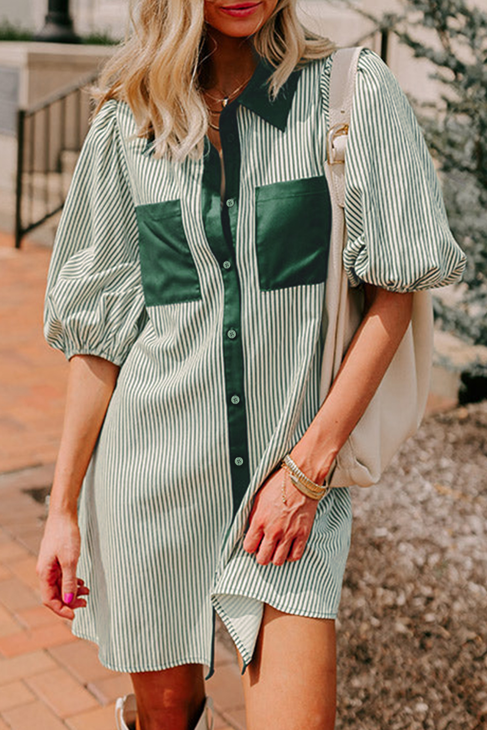 Green Patch Pockets Button Down Short Puff Sleeve Dress - loveforevers
