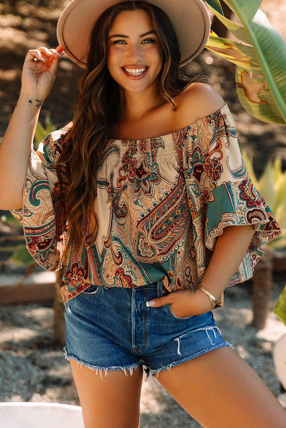 Apricot Paisley Printed Shirred Off Shoulder Ruffled Draped Sleeve Blouse - loveforevers