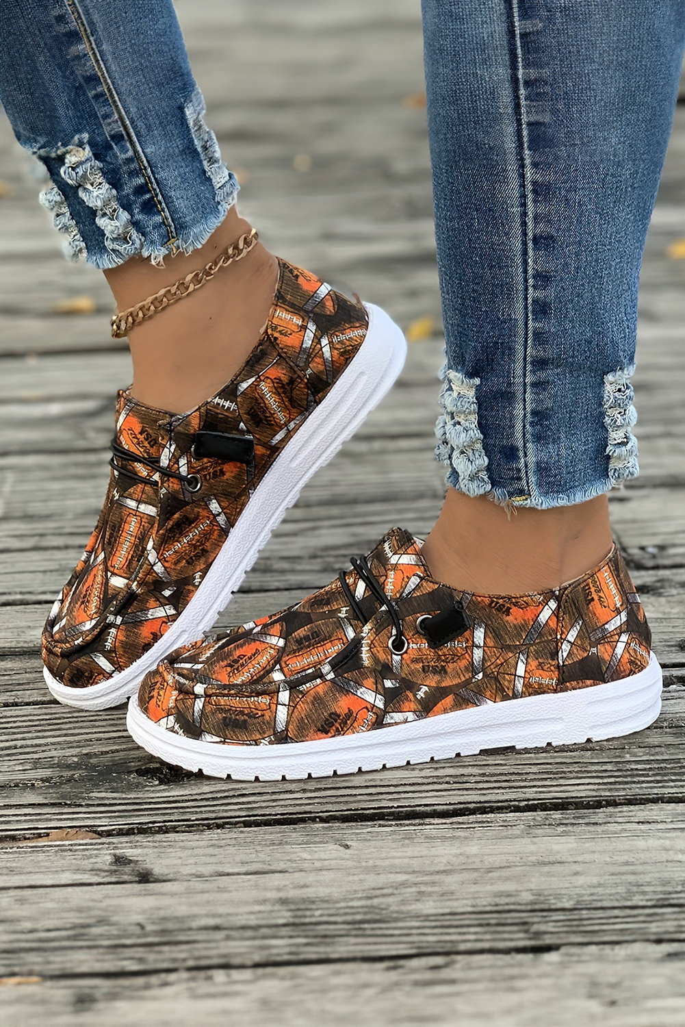 Coffee Rugby Allover Print Lace Up Detail Slip On Flat Shoes - loveforevers