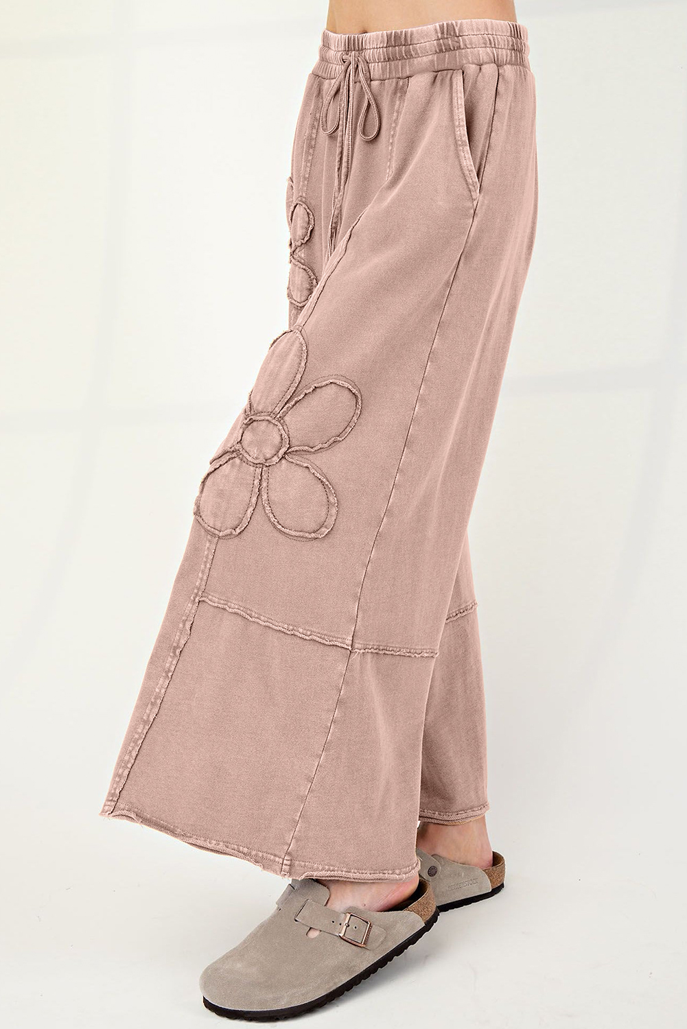 Light Grey Flower Patch Mineral Washed Terry Knit Cropped Wide Leg Pants - loveforevers