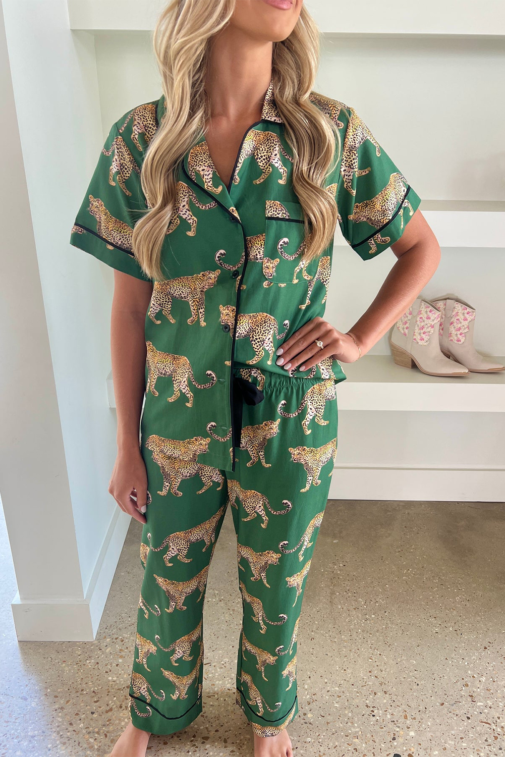 Green Cheetah Print Short Sleeve Shirt and Pants Pajama Set - loveforevers
