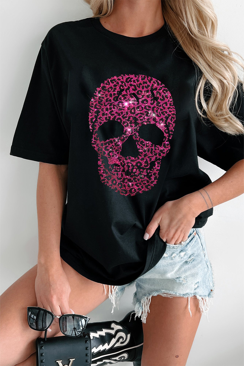 Black Rhinestone Leopard Skull Graphic Crewneck Casual T Shirt - loveforevers