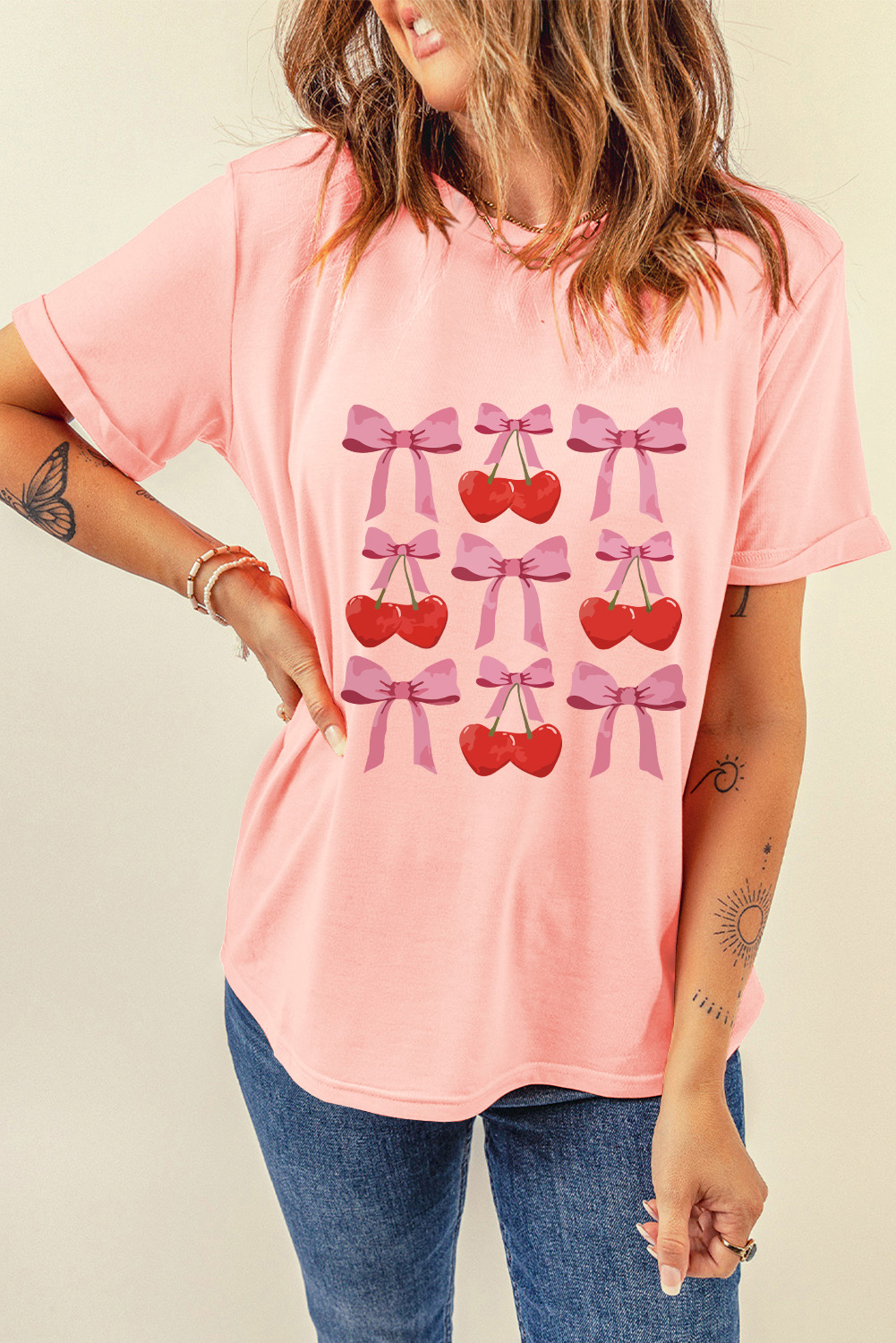 Pink Bow Cherry Print Crew Neck Casual T Shirt - loveforevers